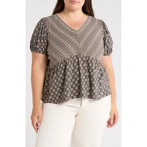 Lucky Brand Babydoll Top 3X Plus Brown Boho Floral V Neck Peplum Blouse NWT
